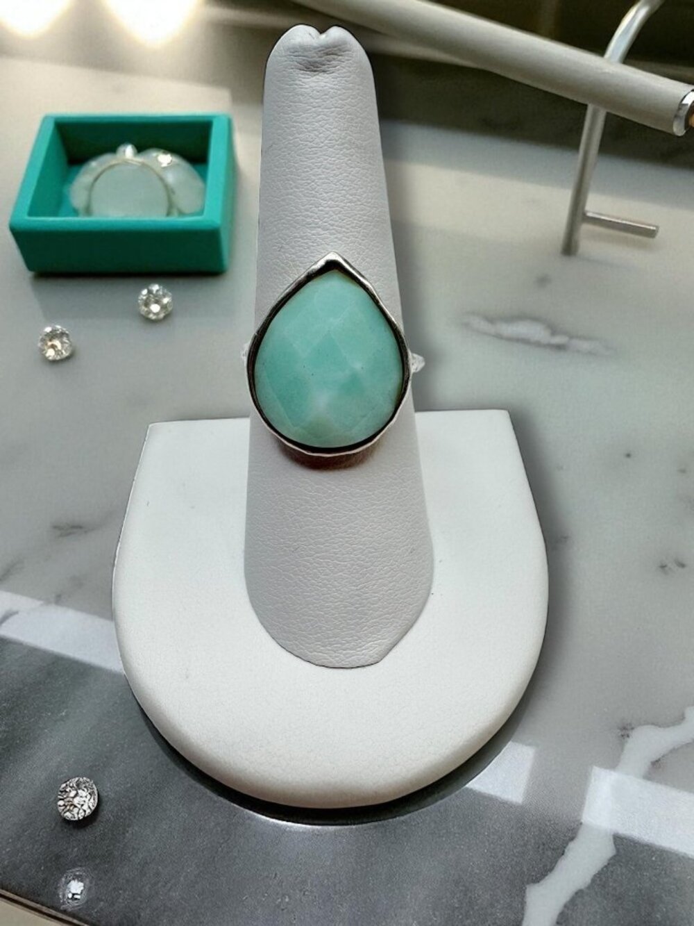 Milky Aquamarine Faceted Sterling Silver Teardrop Ring Size 8